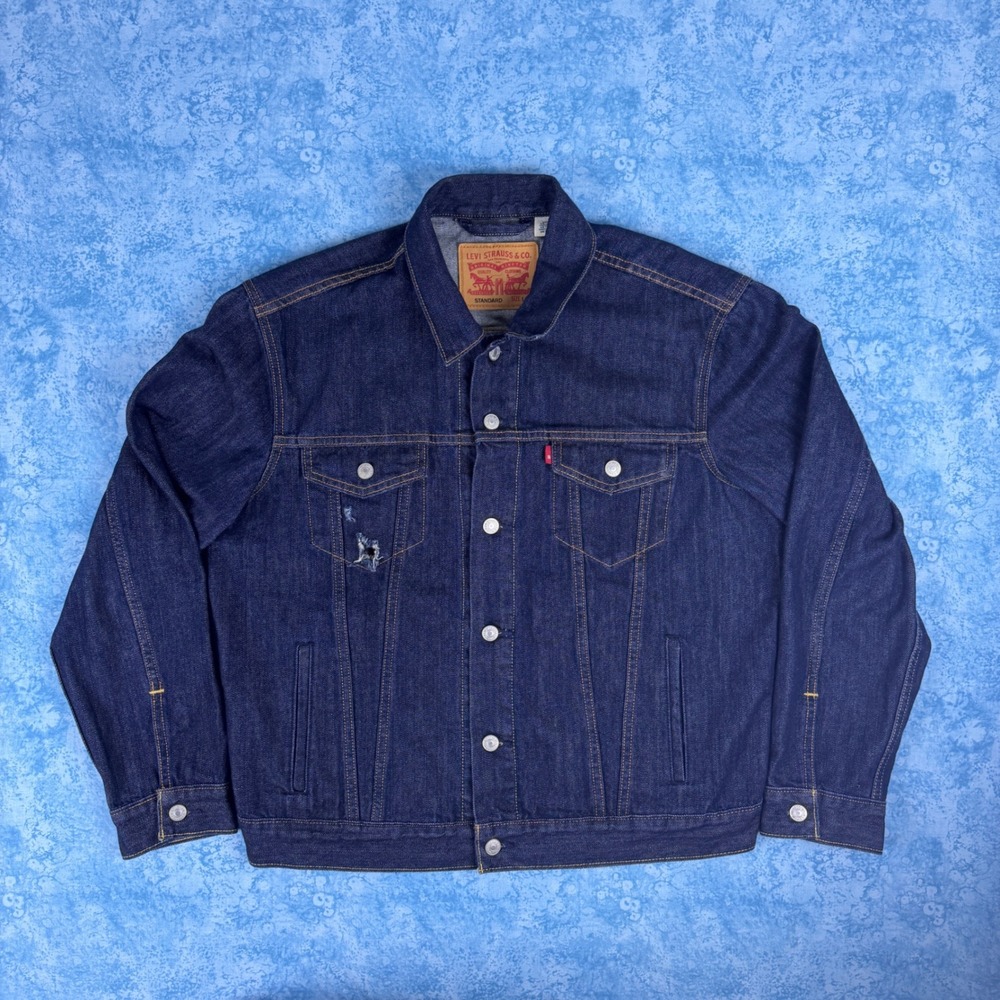 Levi's Mens Standard Fit Denim Trucker Jacket Indigo Blue L Distressed